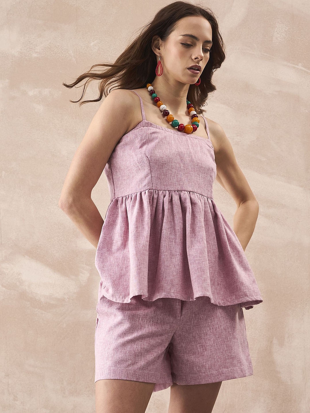 

InWeave Shoulder Straps Linen Top With Shorts, Pink