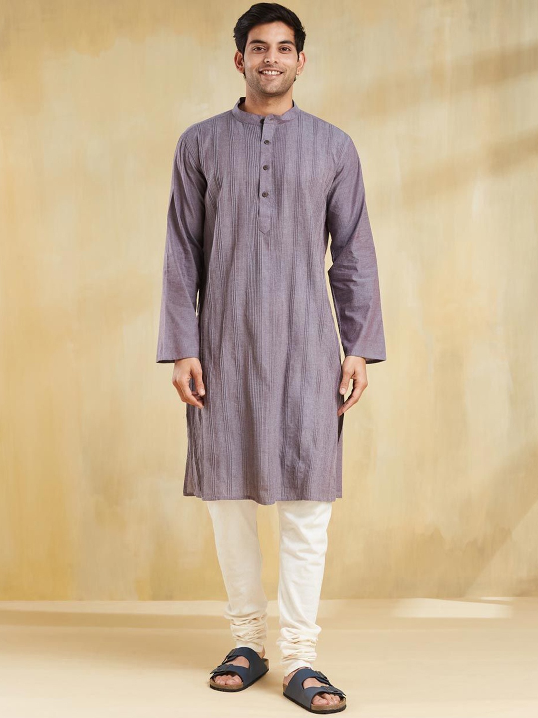 

Fabindia Striped Pure Cotton Mandarin Collar Straight Kurta, Grey