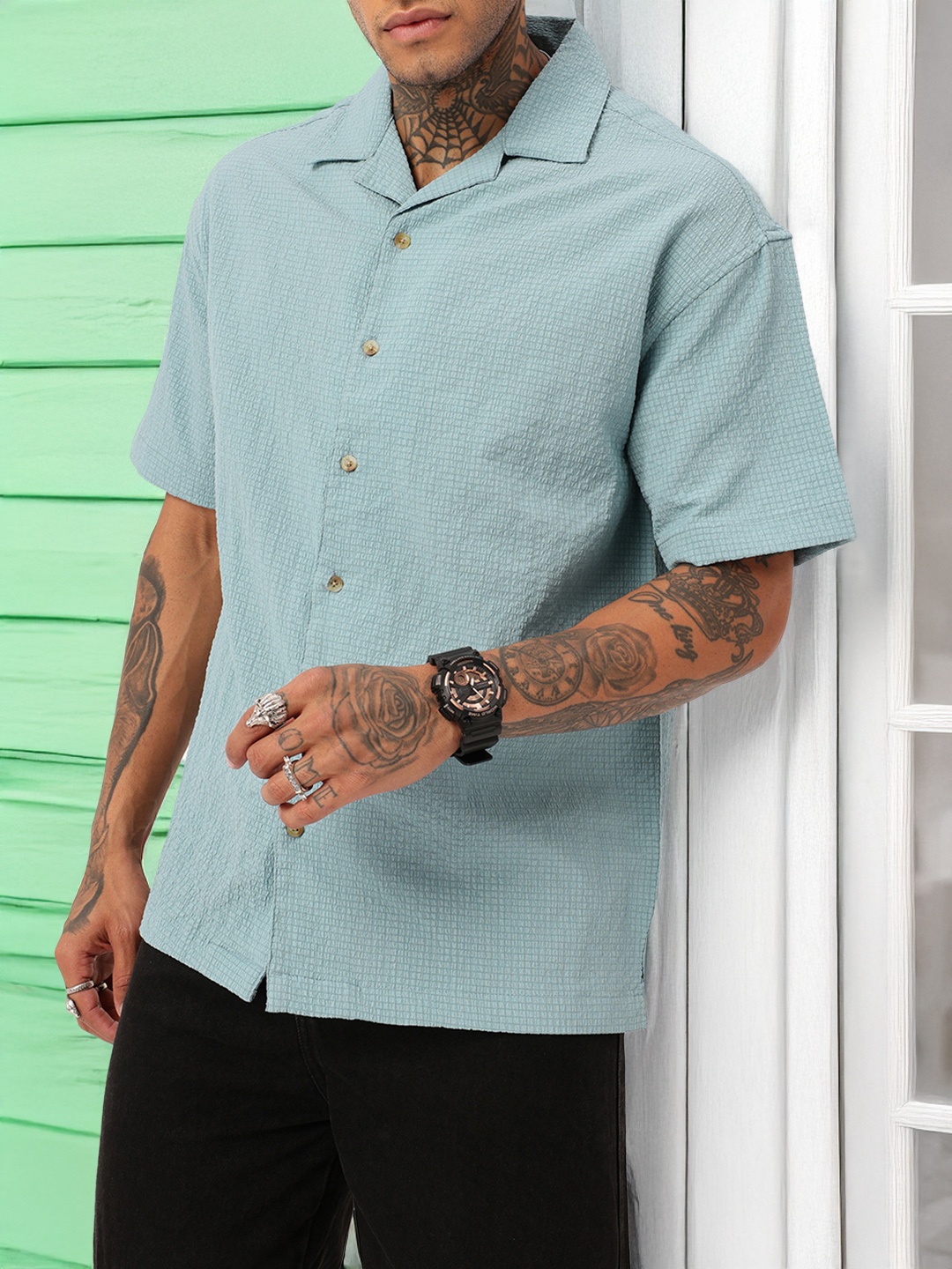 

WROGN Urban Cool Seersucker Textured Oversized Shirt, Blue
