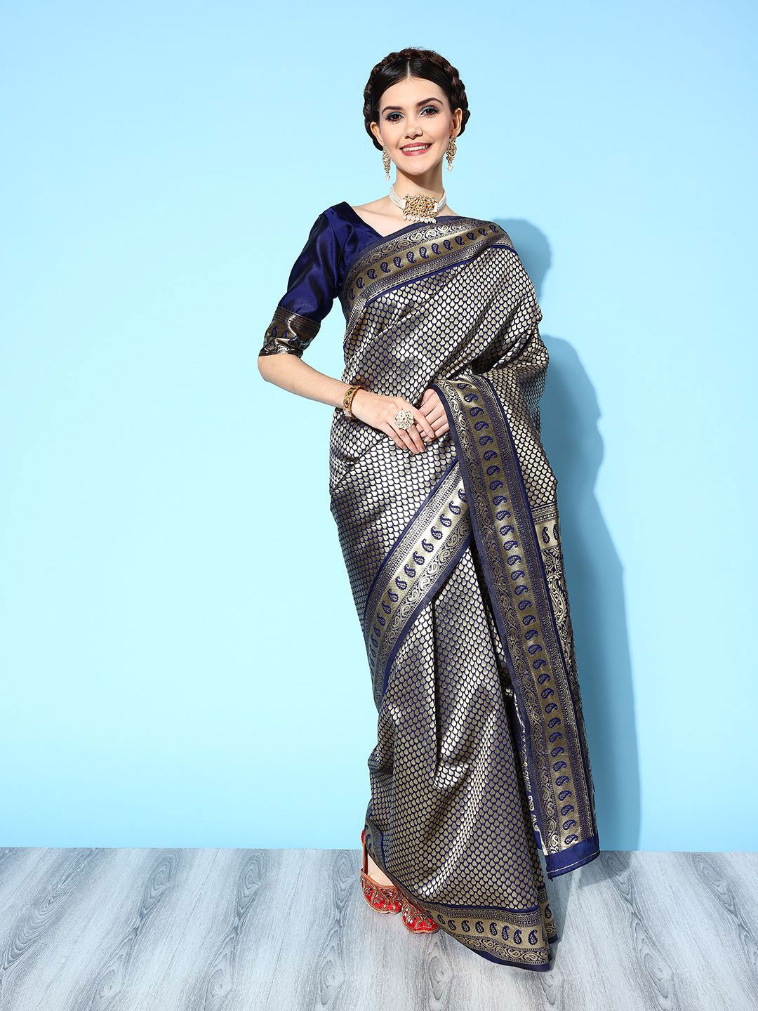 

Anouk Rustic Woven Design Zari Silk Blend Dharmavaram Saree, Navy blue