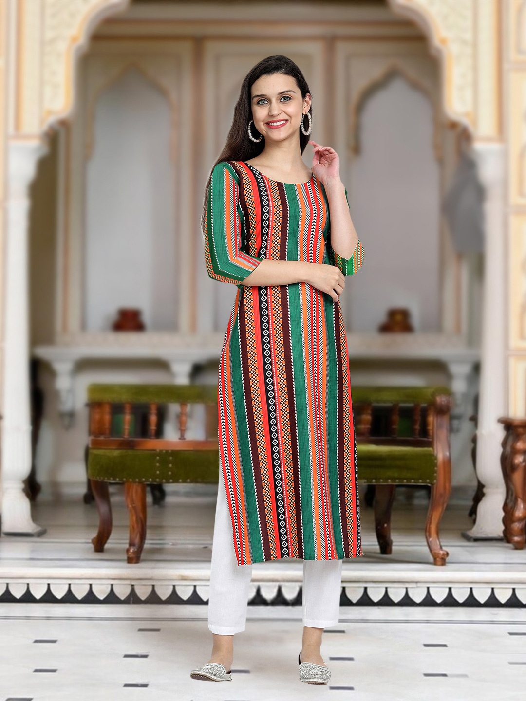 

Moda Rapido Striped Round Neck Straight Kurta, Green