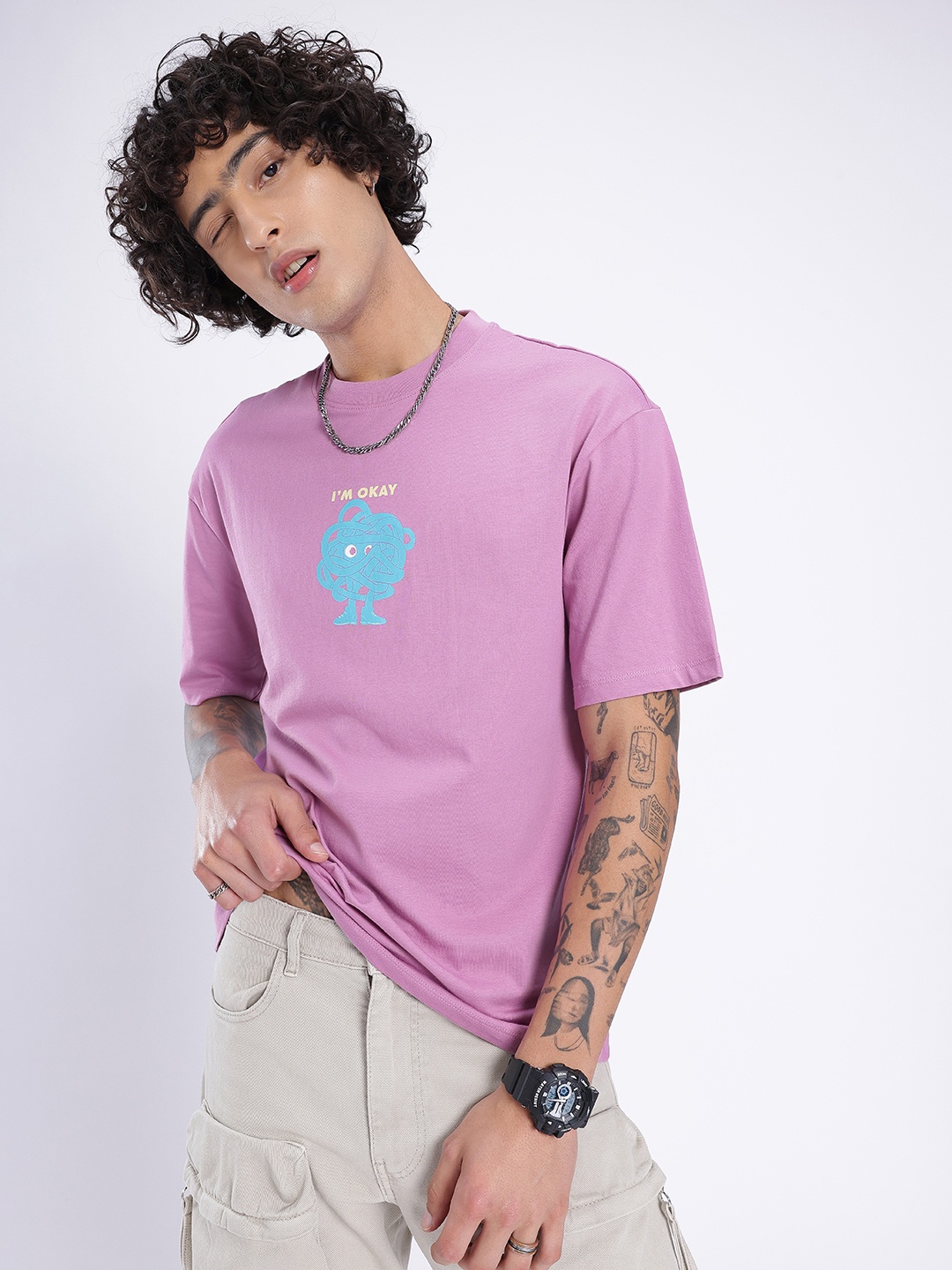 

glitchez Just Fine Printed Relaxed Fit T-shirt, Purple