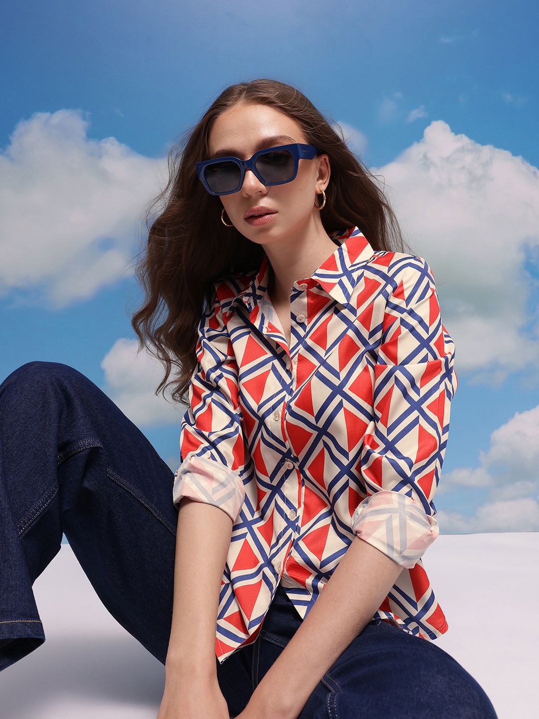 

CORSICA Geometric Printed Casual Shirt, Cream