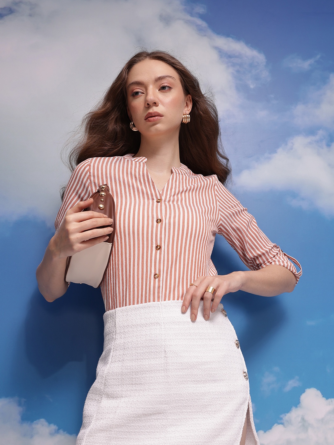 

CORSICA Mandarin Collar Roll-Up Sleeves Striped Casual Shirt, Orange