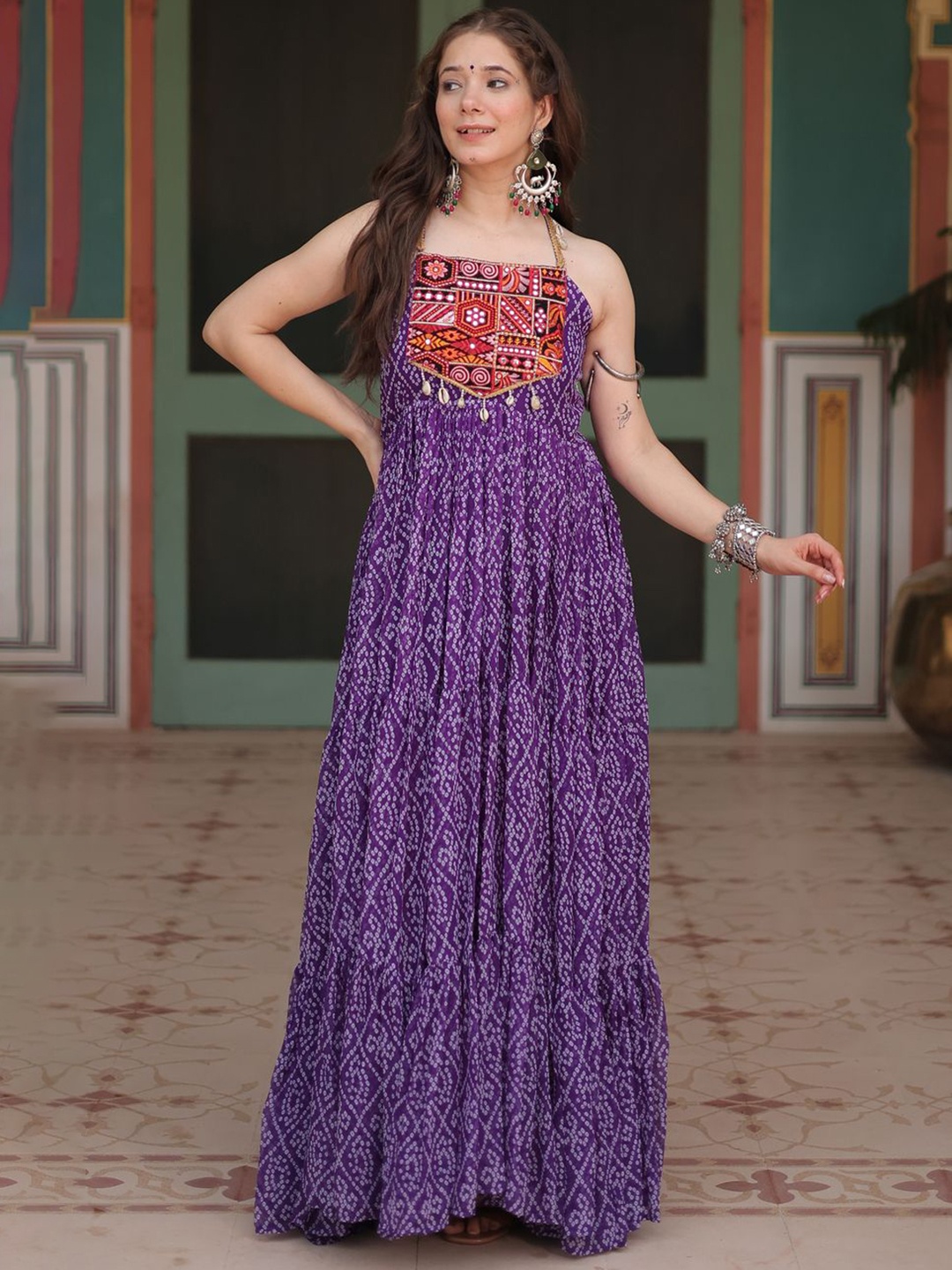 

KALINI Bandhani Printed Halter Neck Ethnic Dresses, Purple