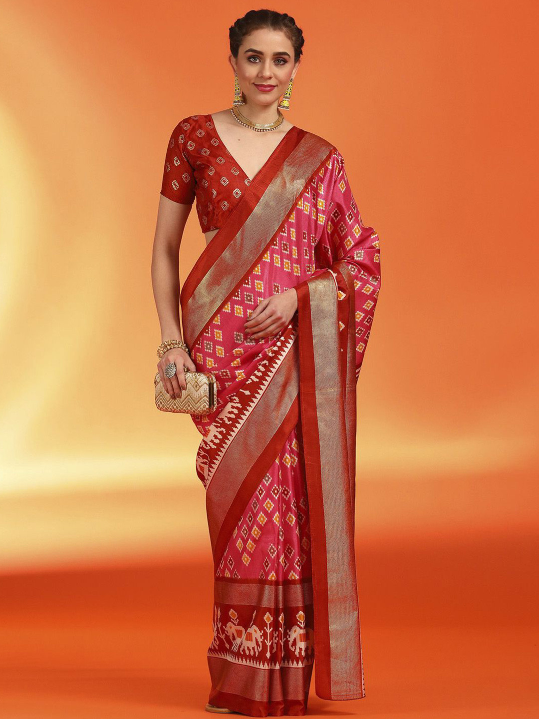 

Anouk Rustic Zari Silk Blend Pochampally Saree, Pink