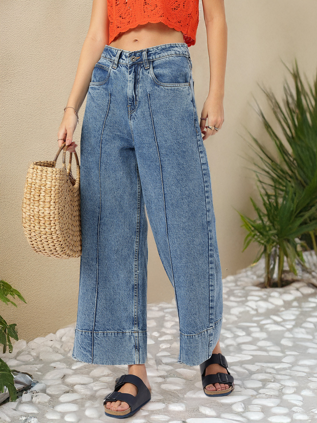 

DressBerry Women Chillax Fit Baggy Wide Leg Non-Stretchable Jeans, Blue