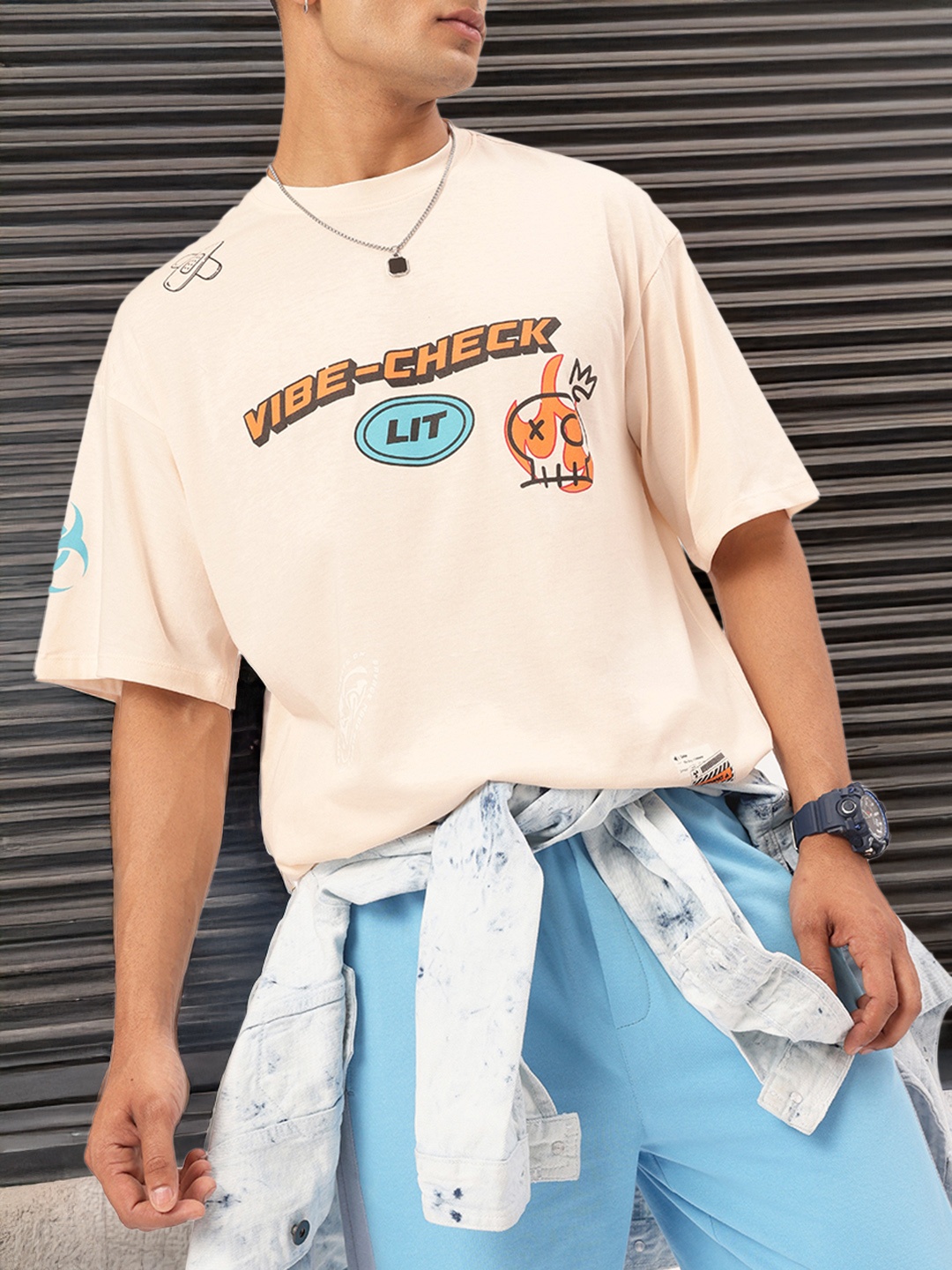 

Kook N Keech Vibe Check Campus Cool Printed Oversized Tee, Peach