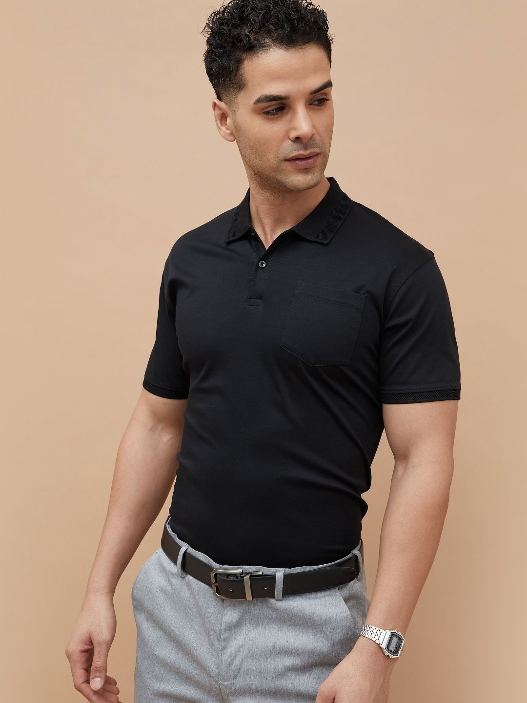 

CODE by Lifestyle Men Polo Collar Pockets T-shirt, Black