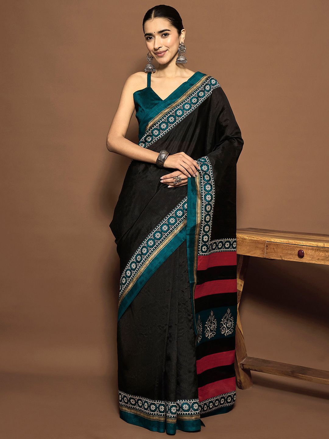 

Mitera Zari Silk Blend Ready to Wear Tussar Saree, Black