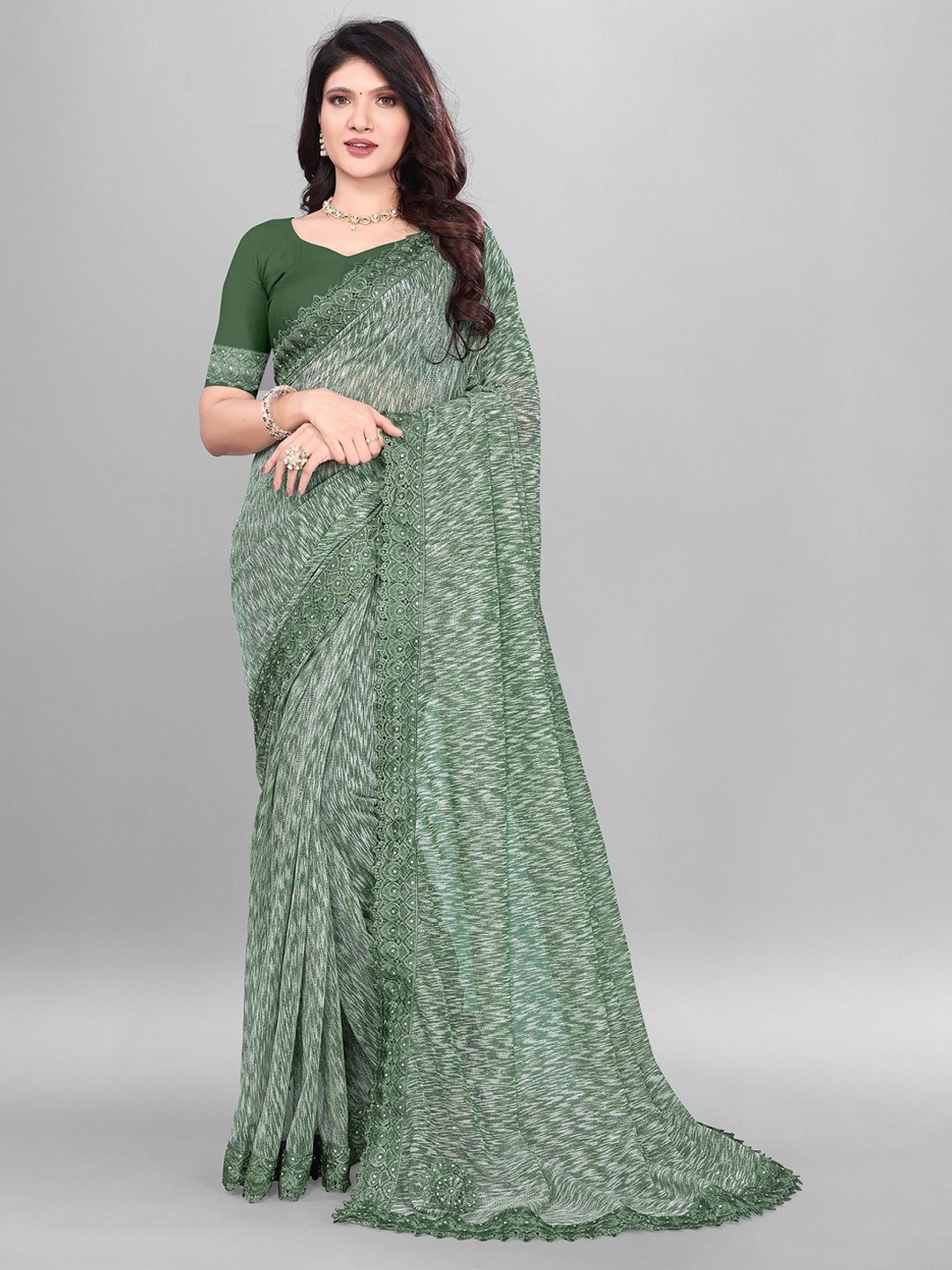

A TO Z CART Embellished Beads and Stones Saree, Green
