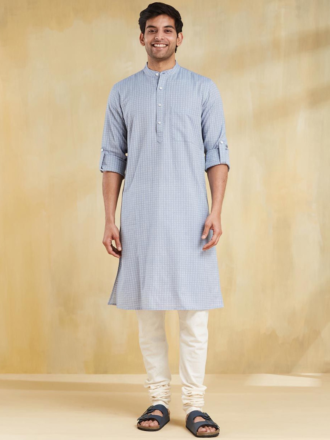 

Fabindia Embroidered Cotton Mandarin Collar Straight Kurta, Blue