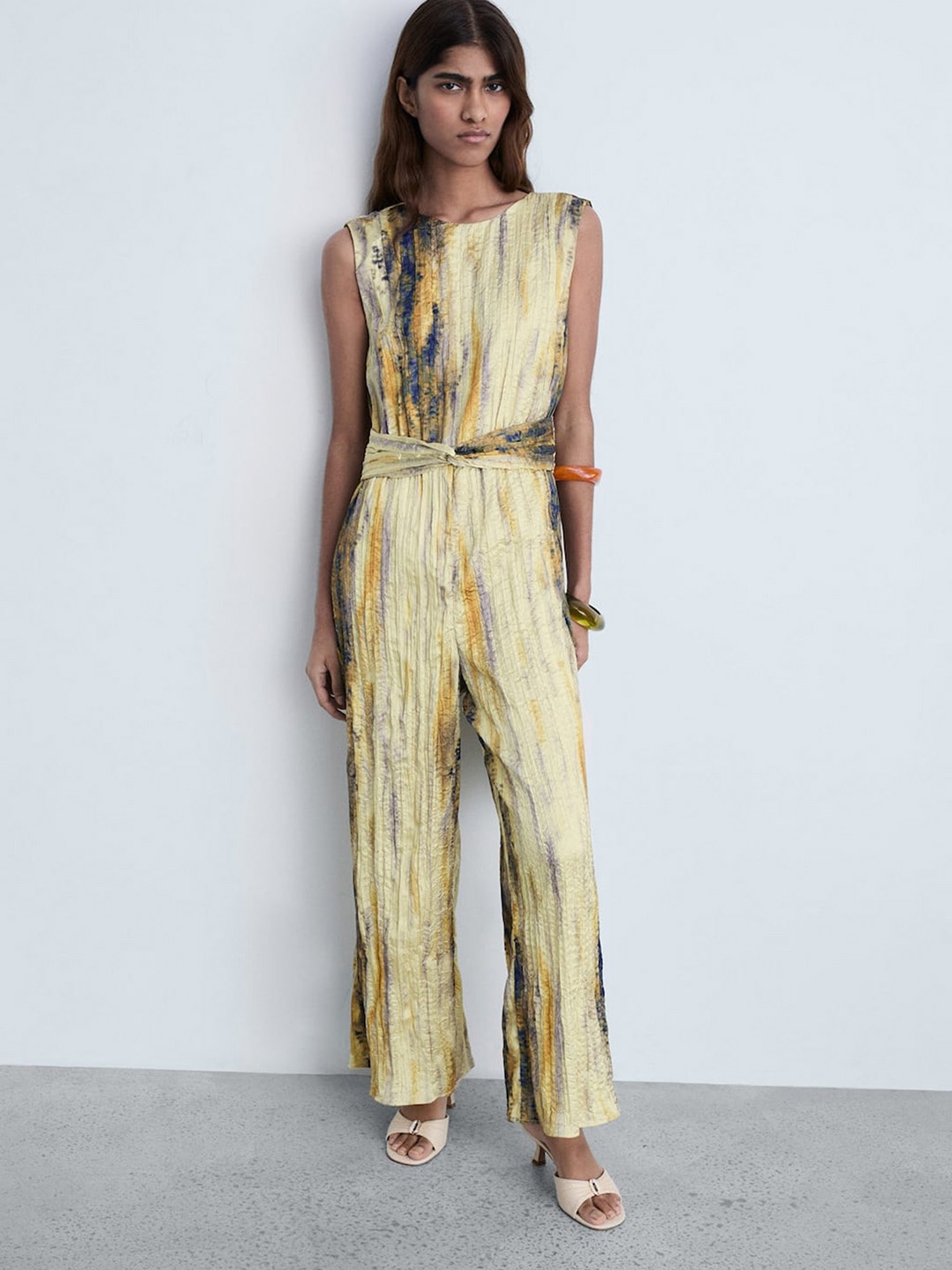 

MANGO Textured Abstract Printed Basic Jumpsuit, Gold