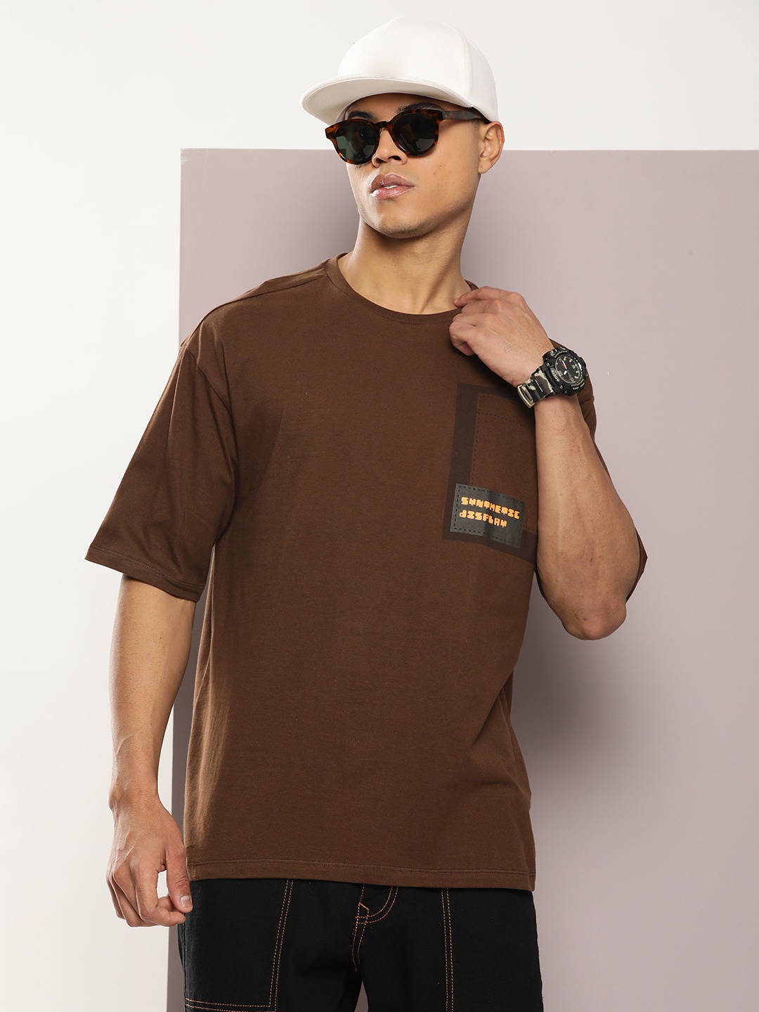 

Kook N Keech Printed Drop-Shoulder Sleeves Oversized Pure Cotton T-shirt, Brown