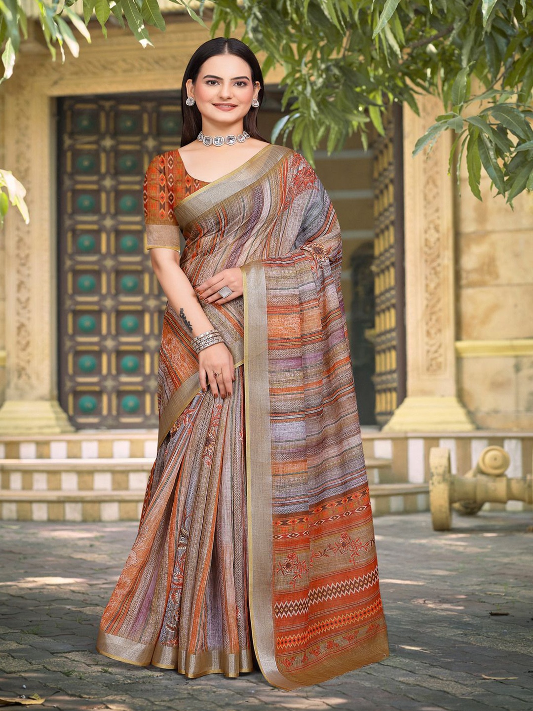 

TRENDING KART Striped Zari Linen Blend Chanderi Saree, Brown