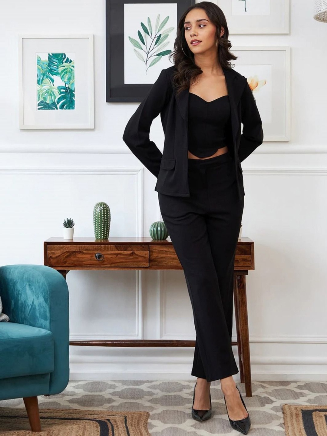 

CORSICA Sweetheart Neck Top With Trousers And Blazer, Black