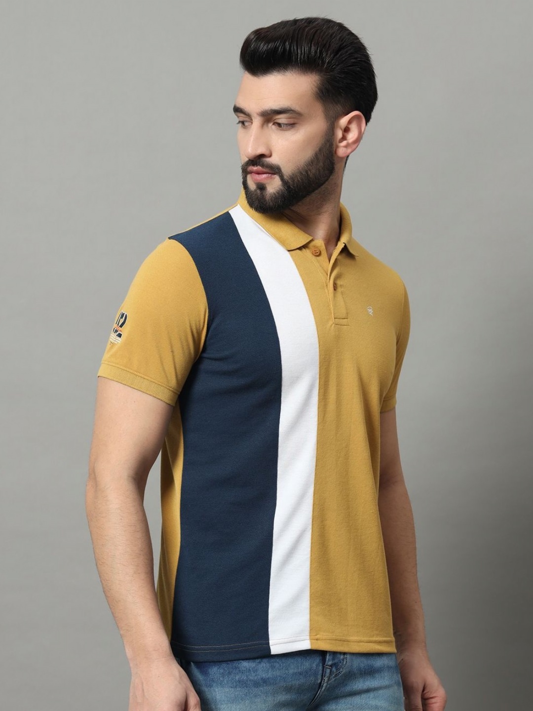 

OGEN Men Typography Colourblocked Polo Collar Pockets T-shirt, Mustard