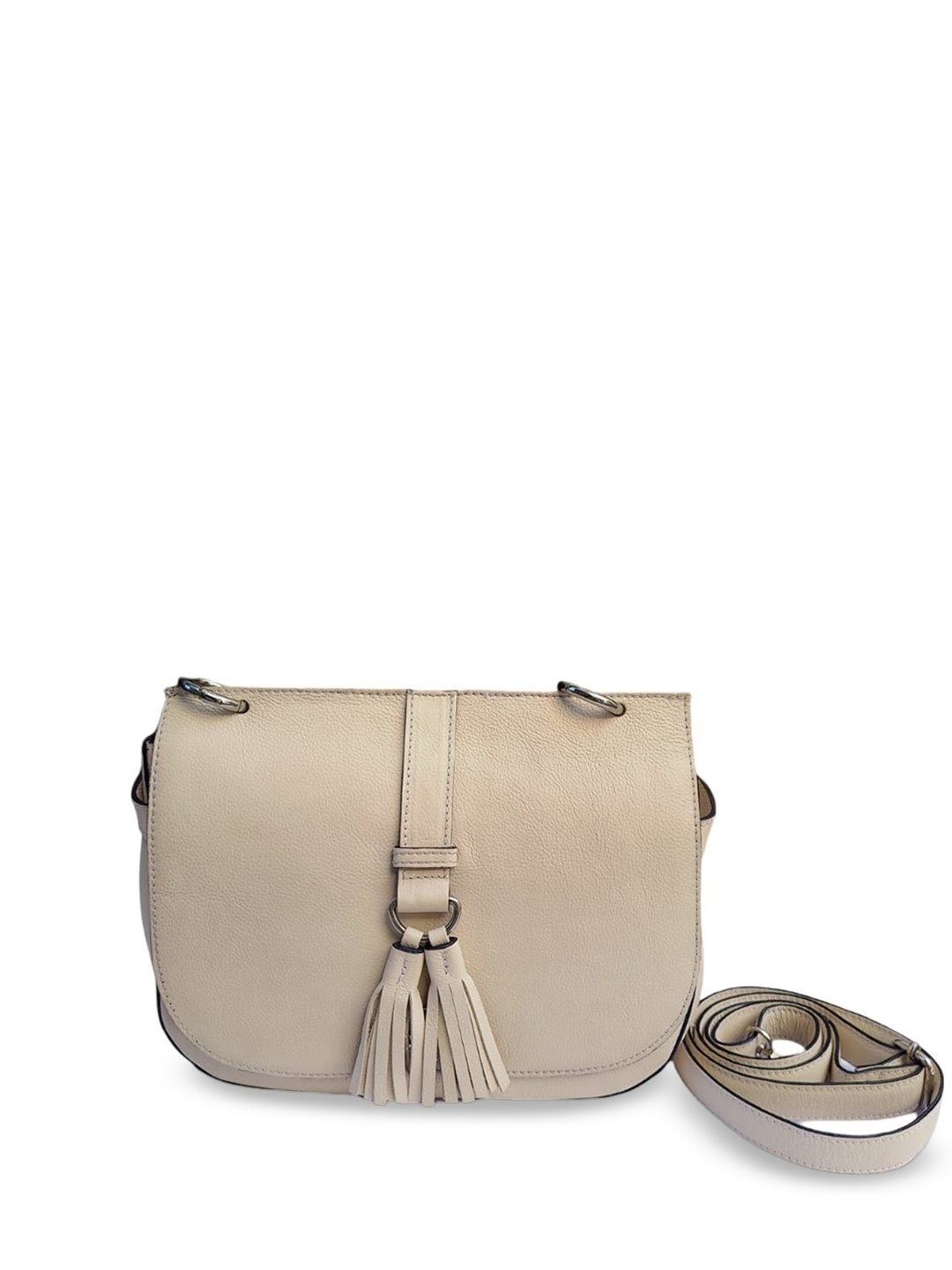 

PERKED Leather Half Moon Sling Bag with Tasselled, Beige