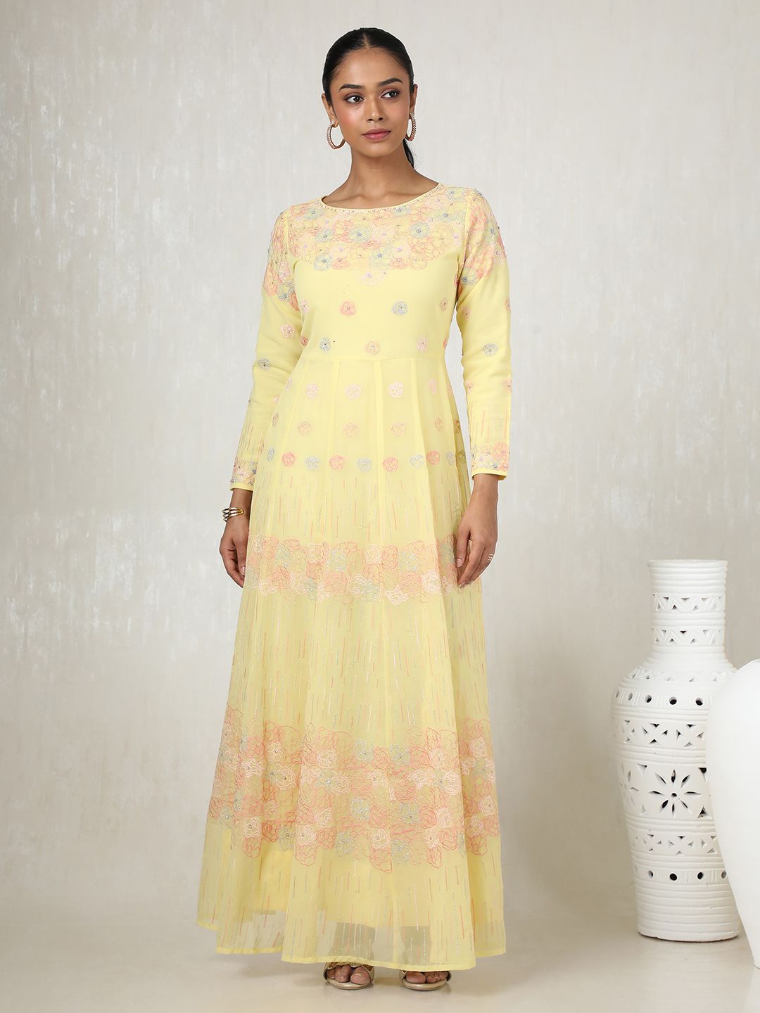 

Soch Floral Embroidered Georgette Maxi Dress, Yellow