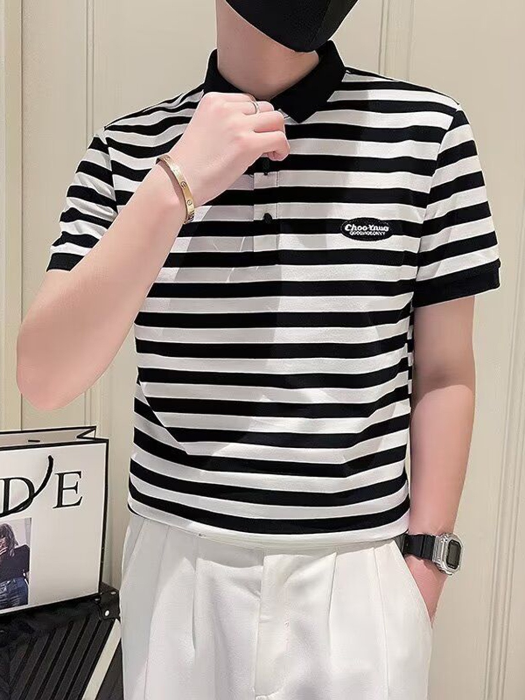 

StyleCast Men Striped Polo Collar Monochrome T-shirt, Multi