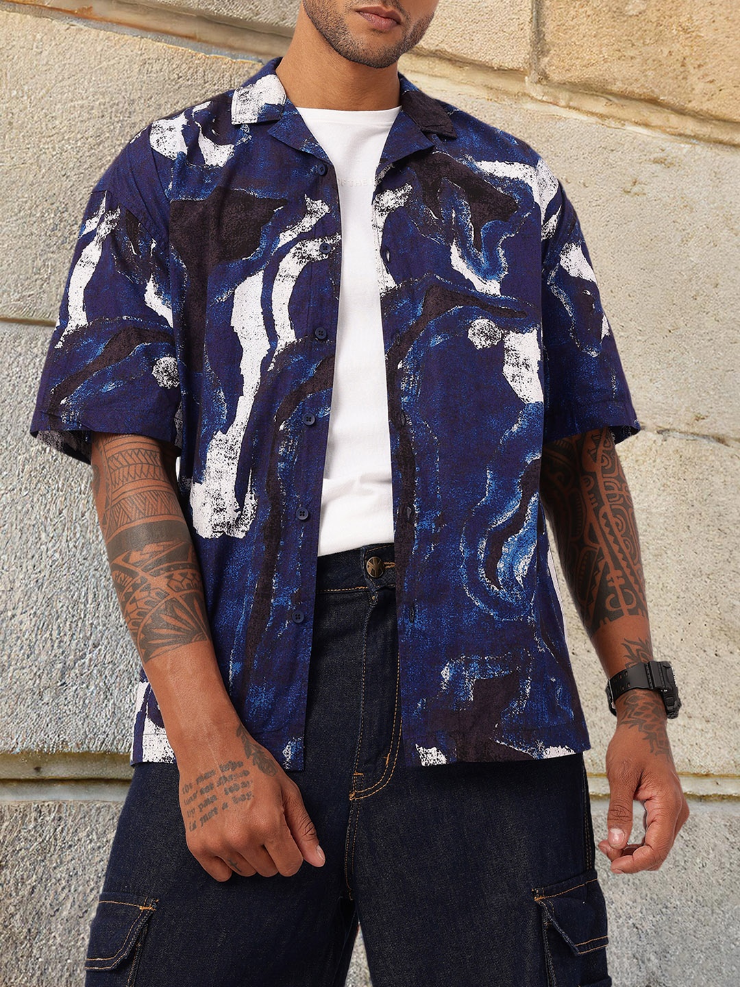

Kook N Keech Grunge Abstract Art Oversized Shirt, Blue