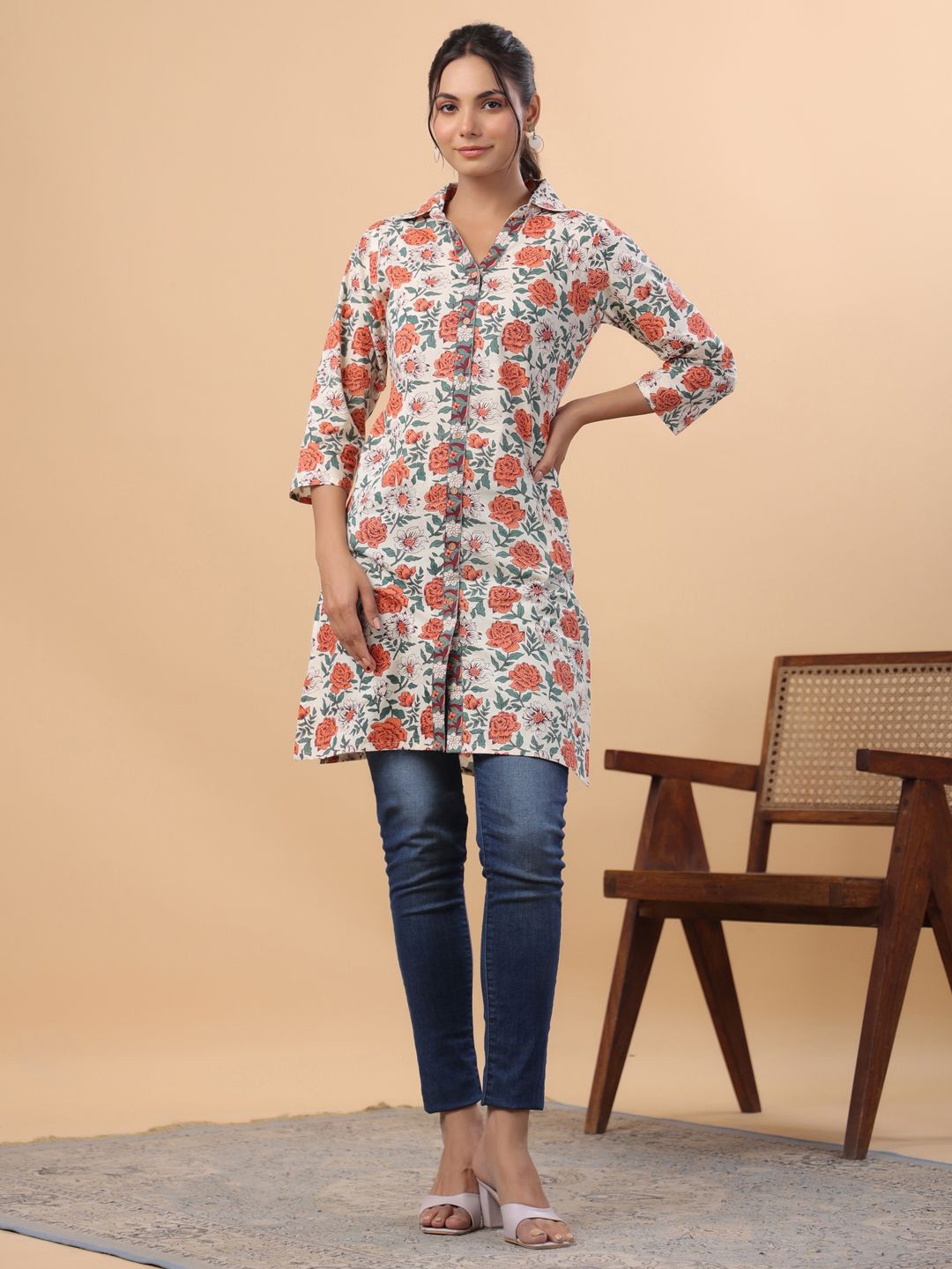 

KALINI Shirt Collar Printed Tunic, Cream