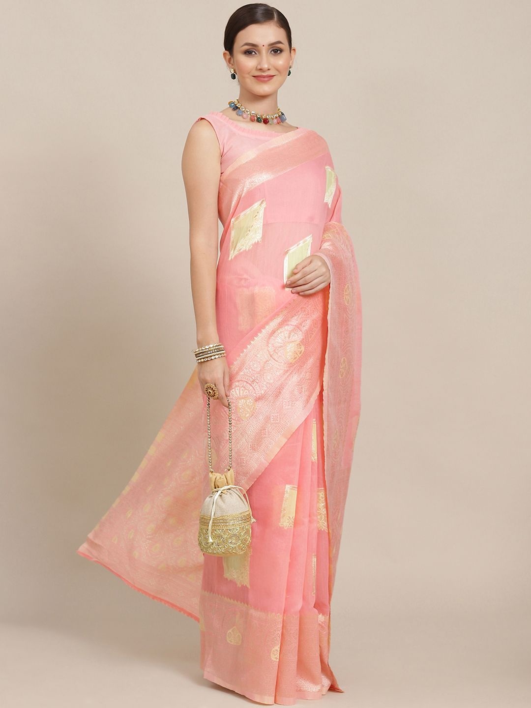 

Mitera Woven Design Zari Silk Blend Banarasi Saree, Pink