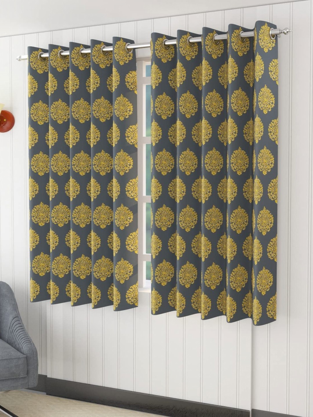 

Trance Home Linen Mustard & Grey 2 Pieces Printed Cotton Regular Window Curtain