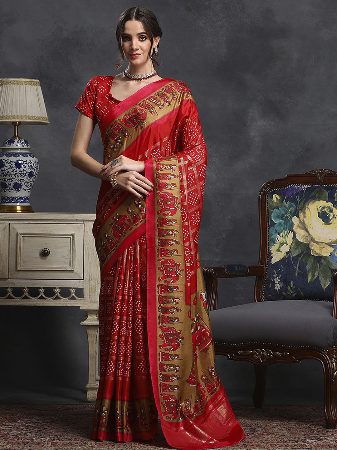 

Anouk Rustic Ethnic Motifs Silk Blend Patola Saree, Red