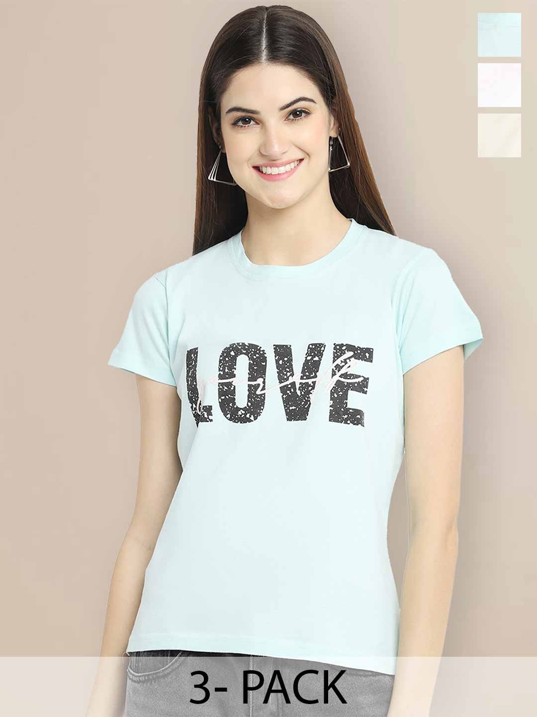 

Metronaut Women Pack of 3 Donald Duck Graphic Printed Round Neck Cotton T-shirts, Turquoise blue