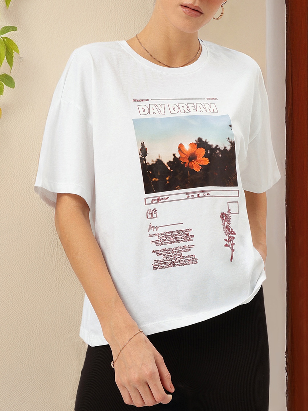 

DressBerry Ethereal Echoes Printed Drop-Shoulder Relaxed T-shirt, White