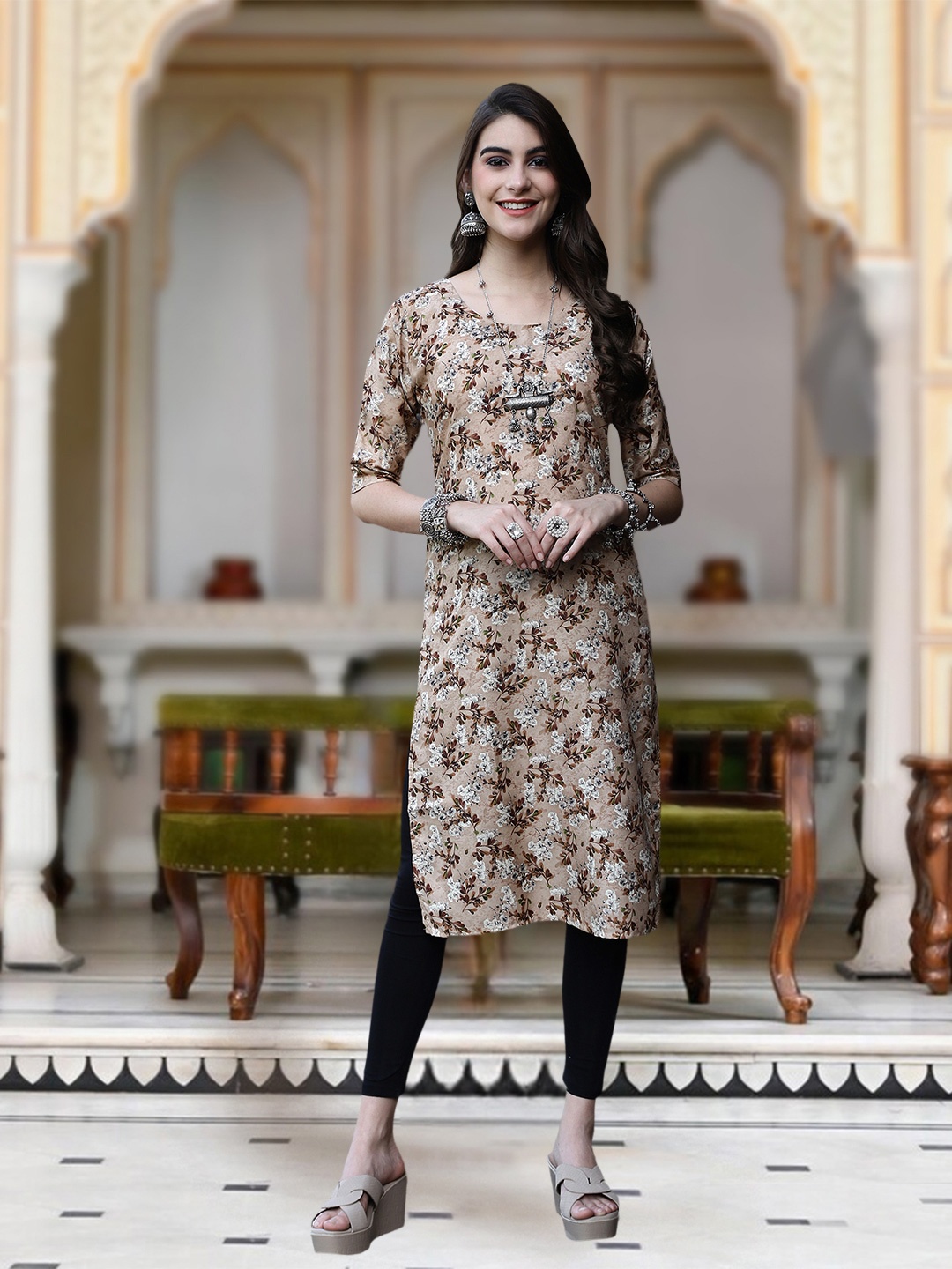 

Moda Rapido Floral Printed Round Neck Straight Kurta, Beige