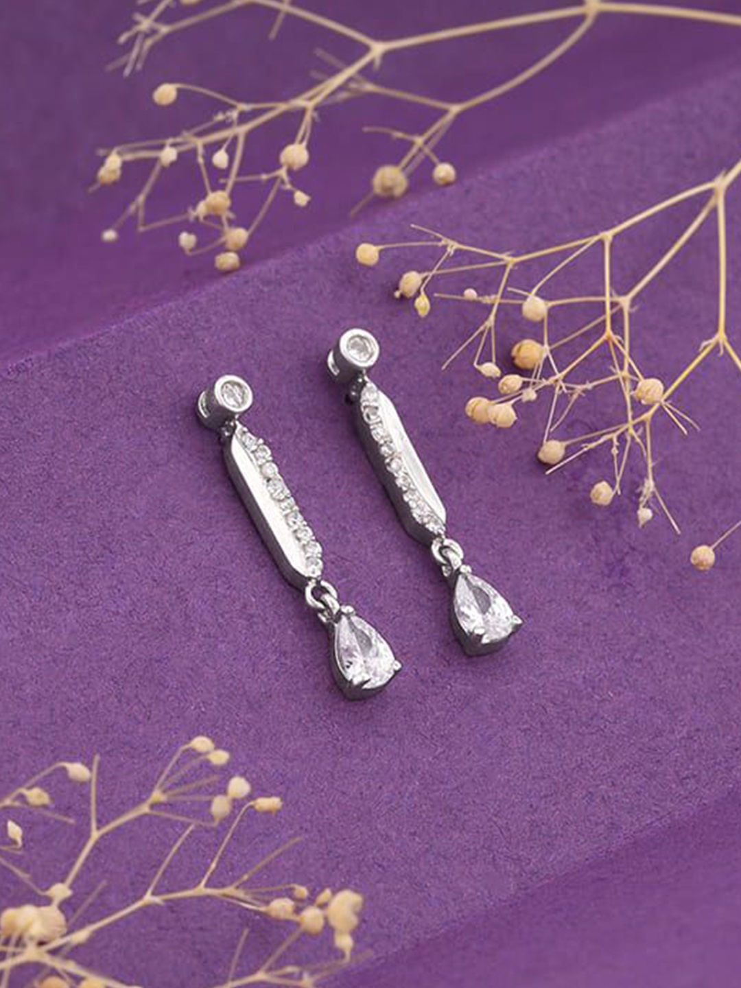 

GIVA Rhodium-Plated Silver Teardrop Shaped Zircon Studded Drop Earrings