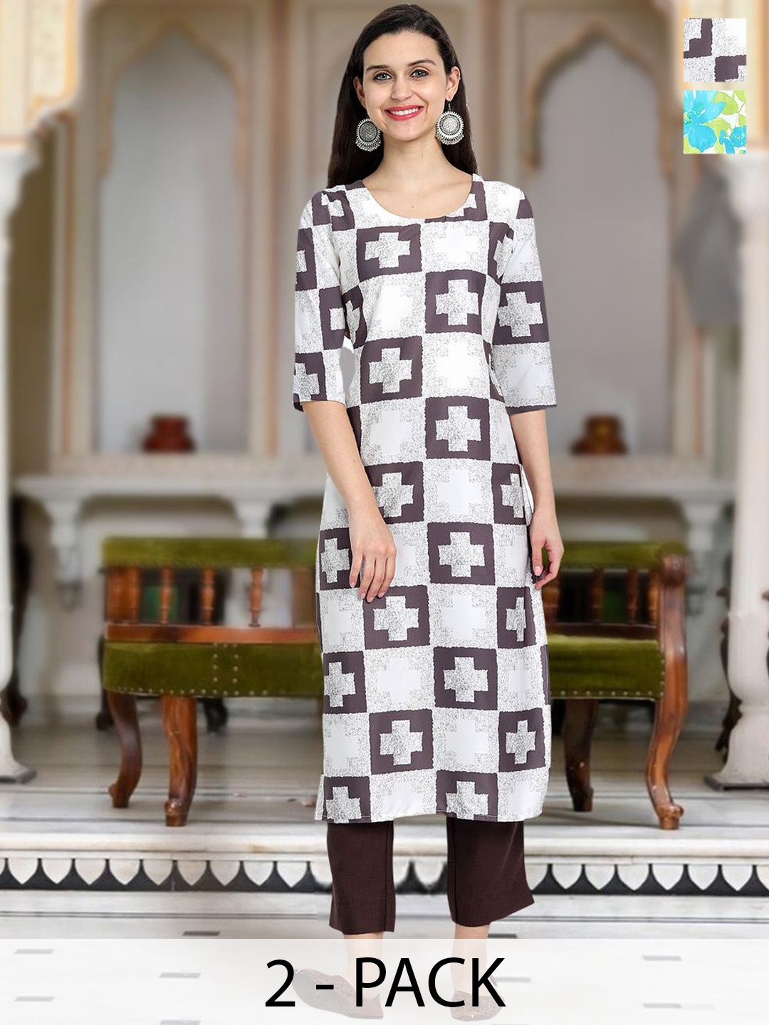 

Moda Rapido Selection Of 2 Geometric Printed Round Neck Straight Kurtas, White