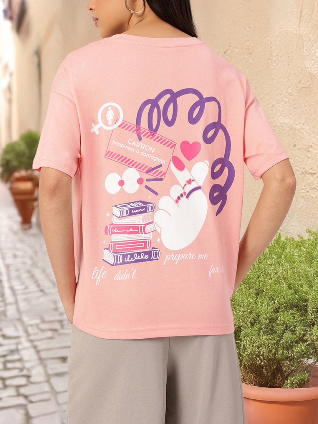

DressBerry Punny Paradise Graphic Print Relaxed T-shirt, Peach