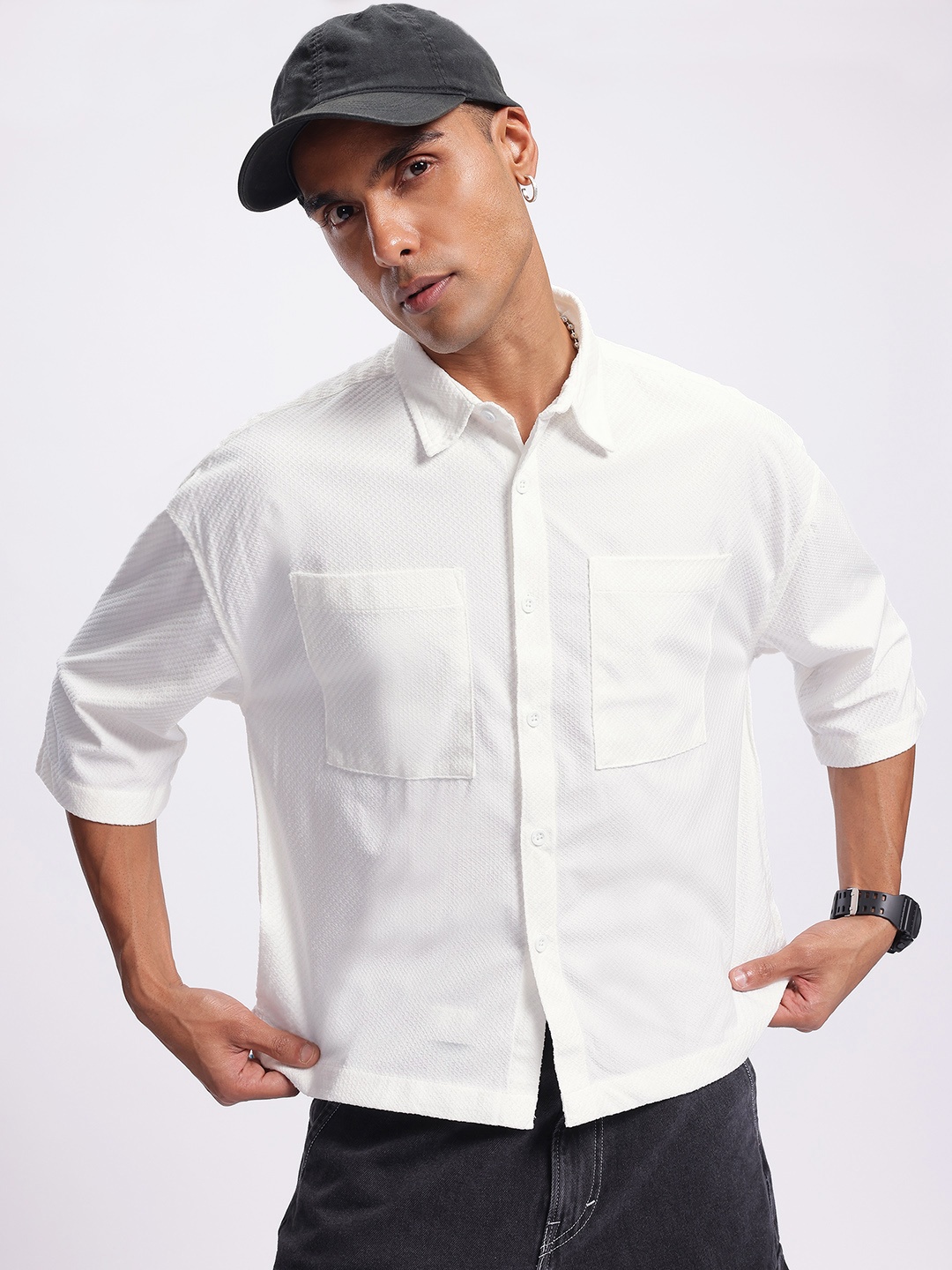 

Kook N Keech Elevated Essentials Textured Drop-Shoulder Relaxed Shirt, White