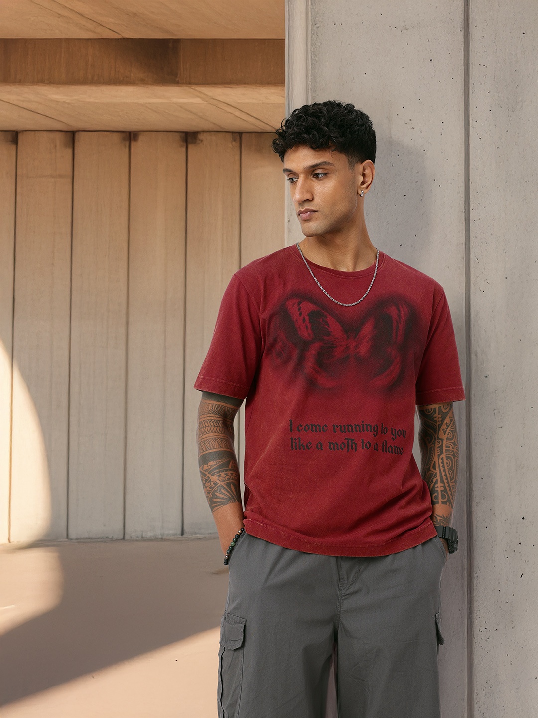 

Kook N Keech Urban Printed Relaxed Fit Washed T-shirt, Maroon