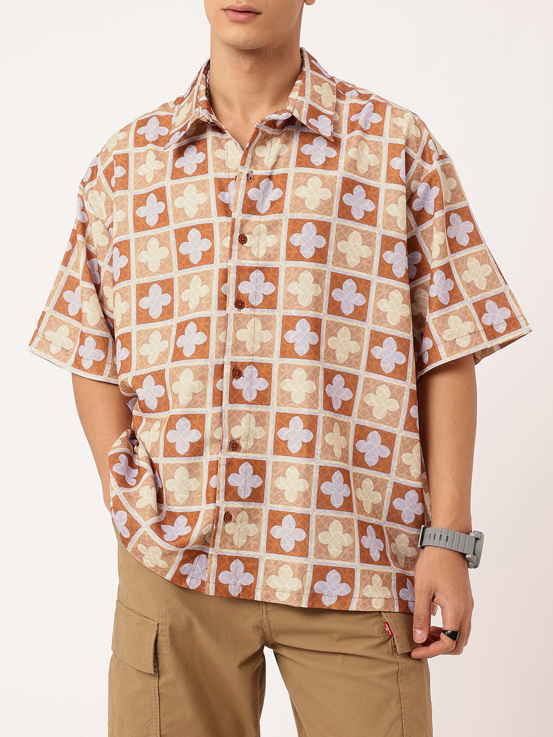 

Kook N Keech Urban Bloom Printed Oversized Shirt, Brown