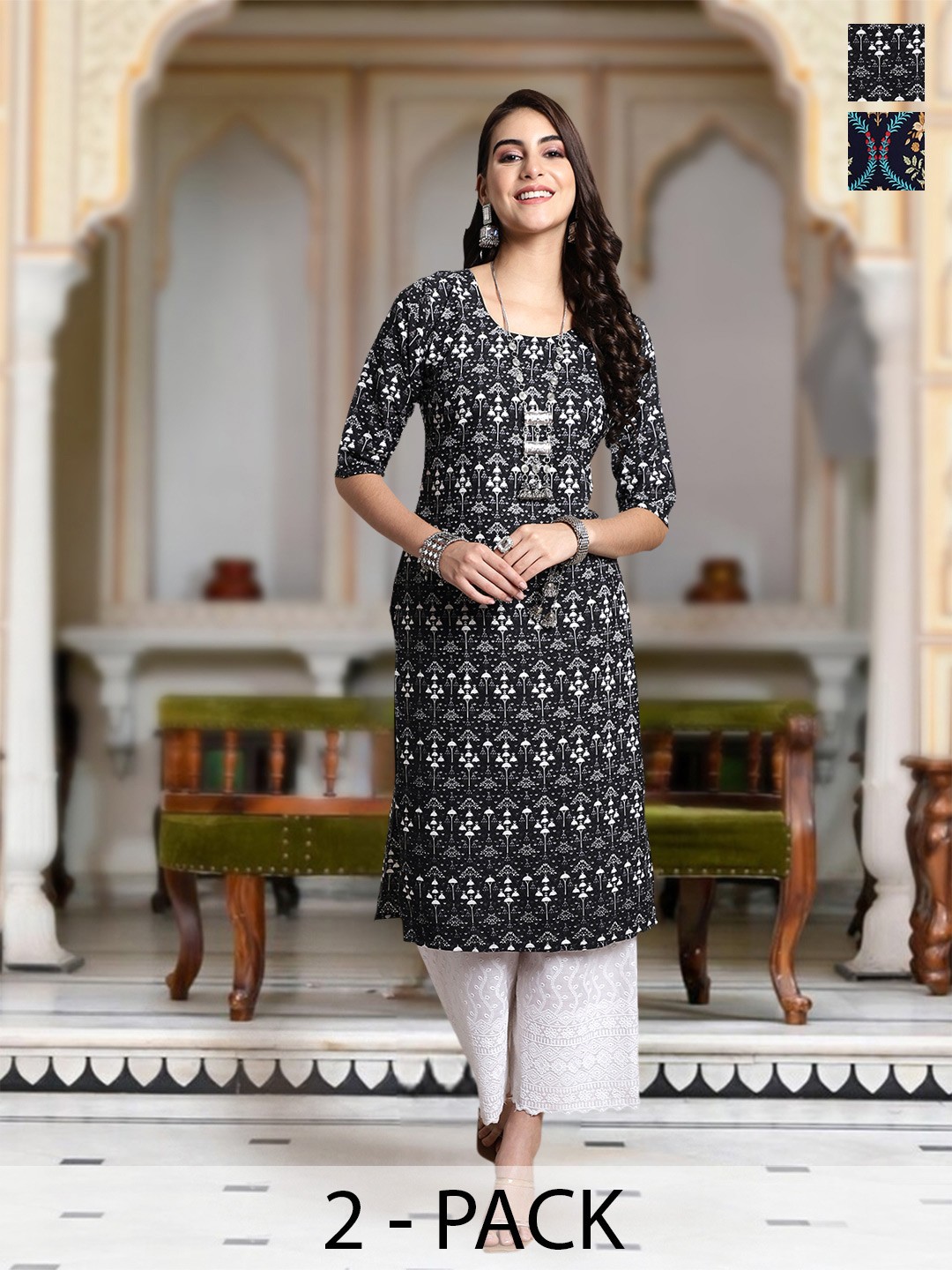 

Moda Rapido Selection Of 2 Floral Printed Round Neck Straight Kurtas, Black