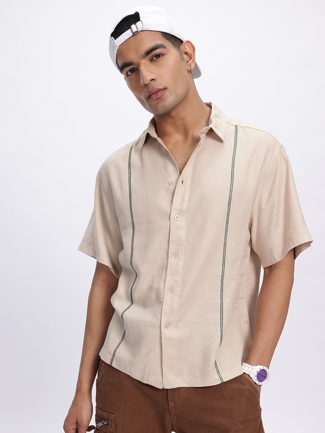 

glitchez Versatile Vibes Thread-Work Relaxed Shirt, Beige