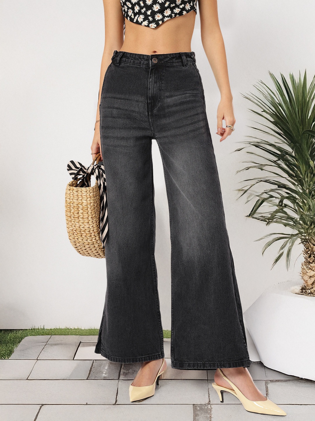 

DressBerry Women Baggy Bliss Wide Leg Non-Stretchable Jeans, Black