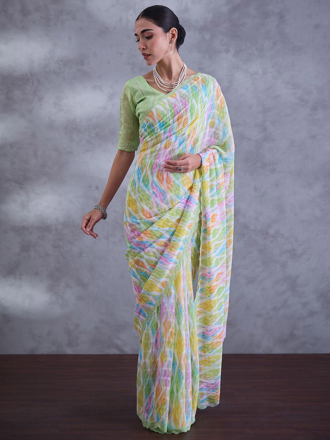 

Mitera Beads and Stones Poly Georgette Designer Saree, White