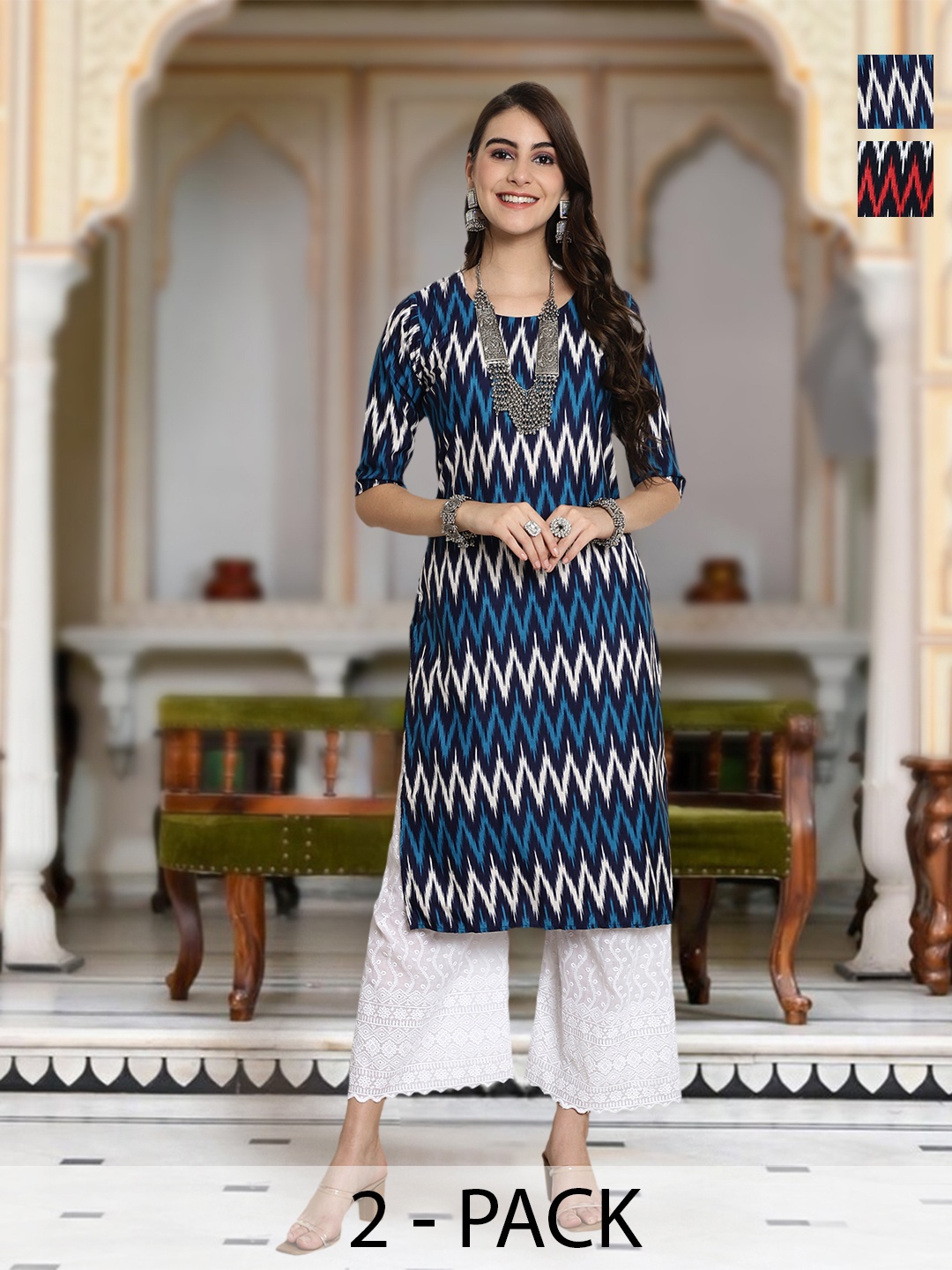

Moda Rapido Selection Of 2 Chevron Printed Round Neck Straight Kurtas, Black