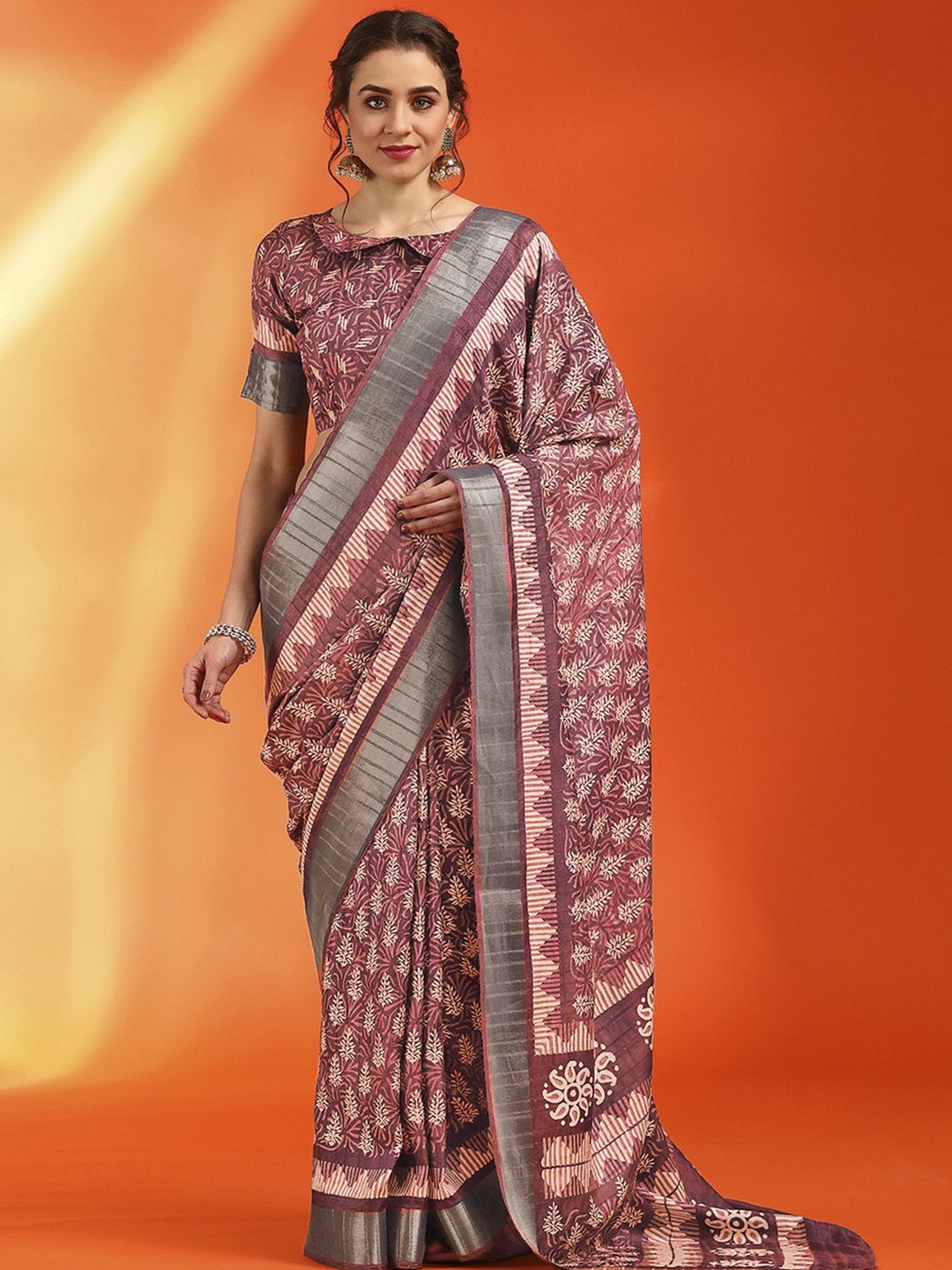 

Anouk Rustic Ethnic Motifs Zari Silk Cotton Sungudi Saree, Brown