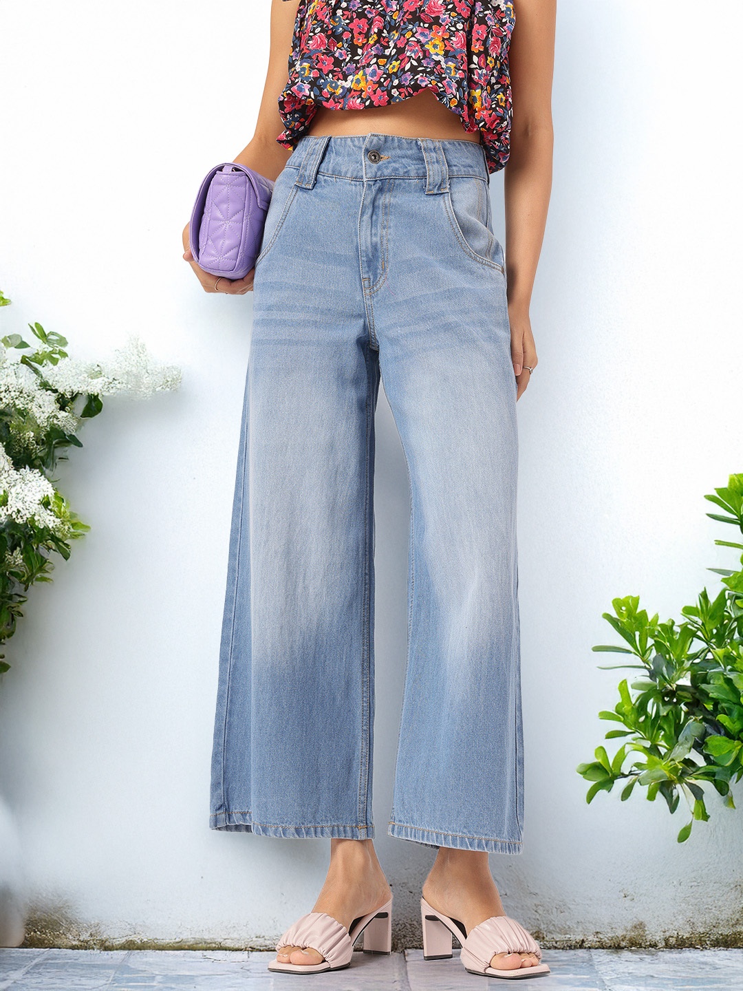 

DressBerry Women Timeless Threads Wide Leg Cropped Jeans, Blue