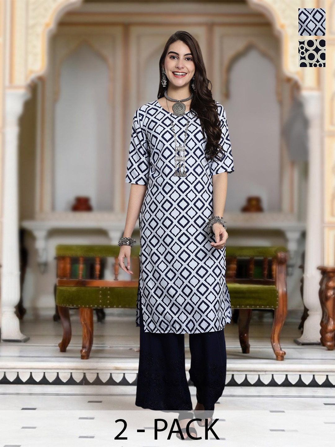 

Moda Rapido Selection Of 2 Geometric Printed Round Neck Straight Kurta, Black