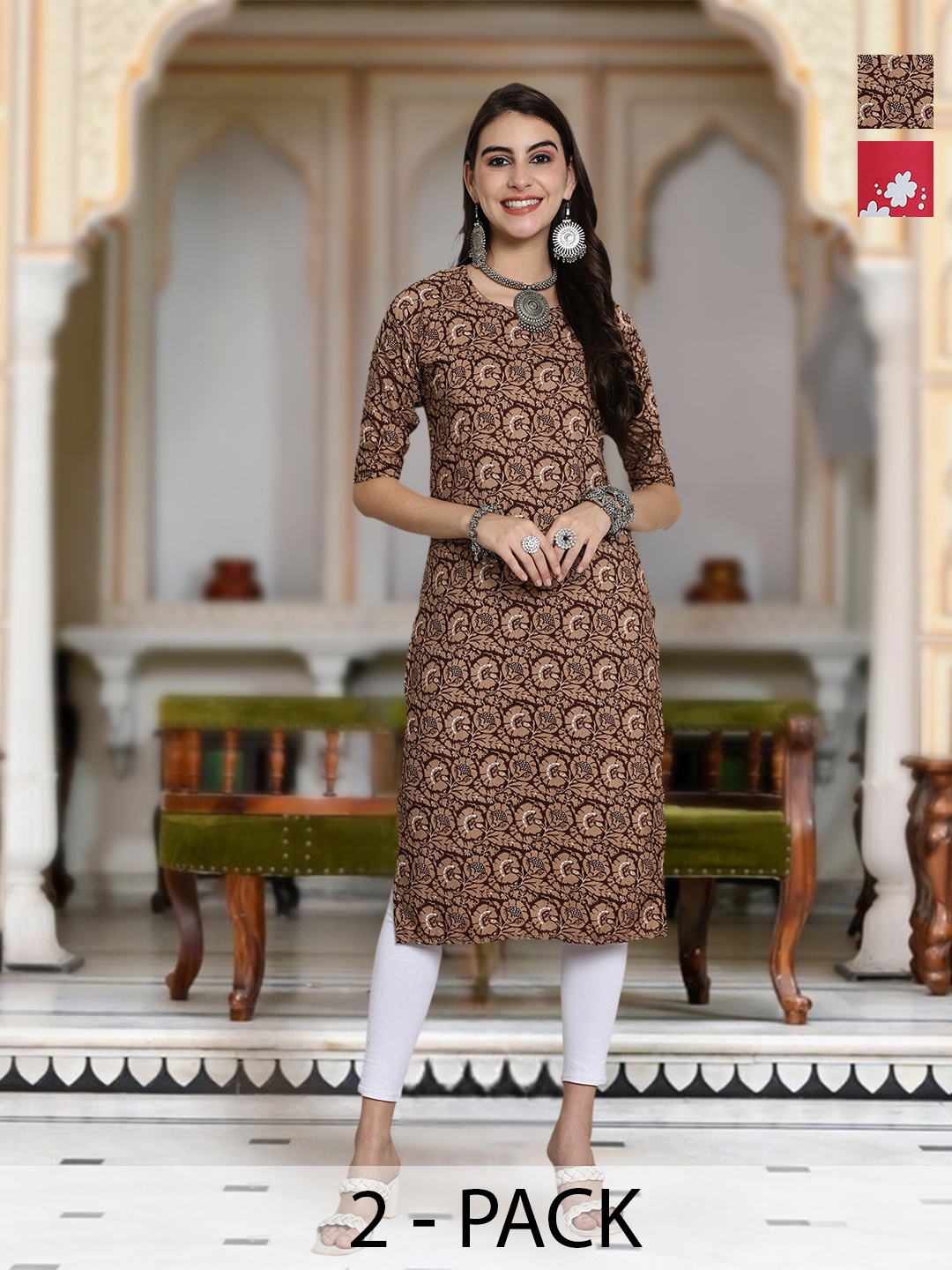 

Moda Rapido Selection Of 2 Floral Printed Round Neck Straight Kurtas, Brown