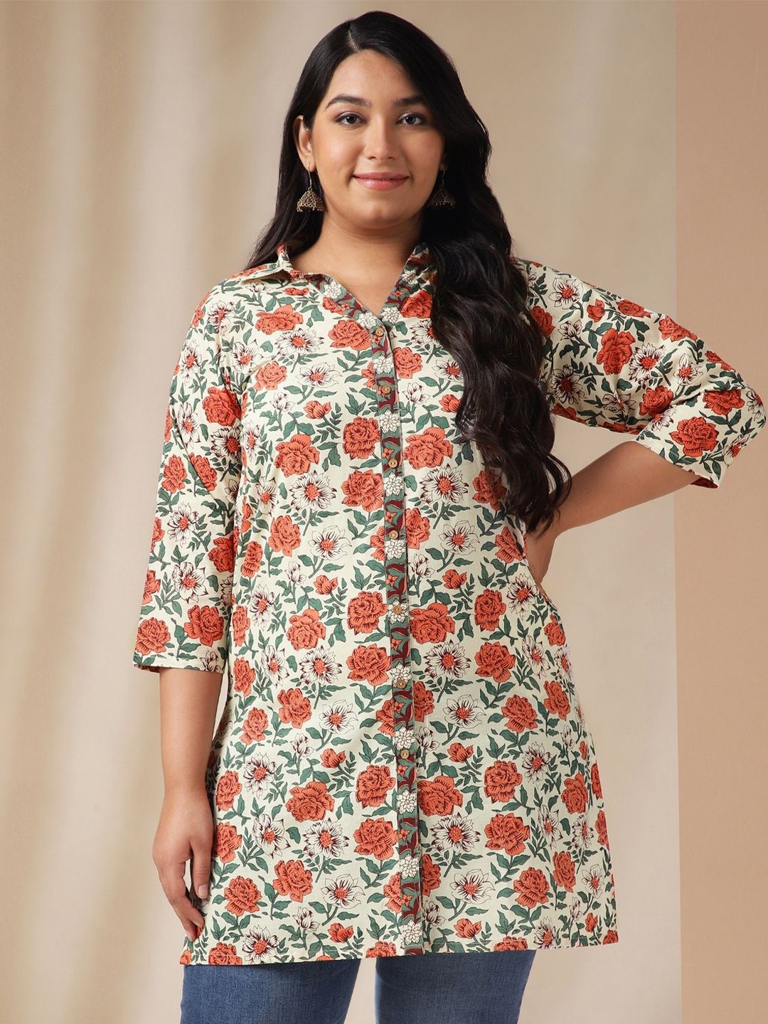 

KALINI Shirt Collar Printed Tunic, Cream
