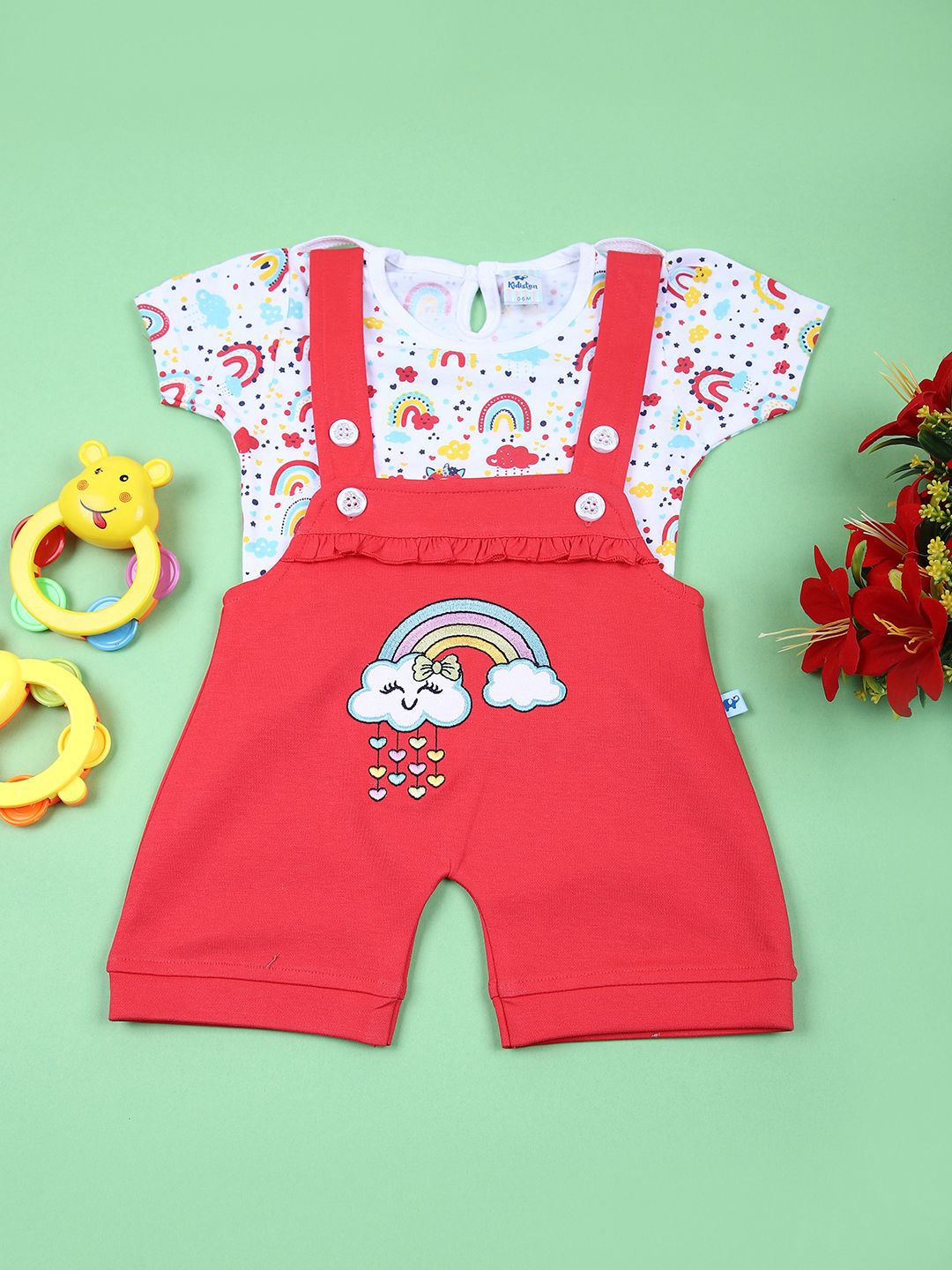 

V-Mart Infant Girls Printed Cotton Dungarees With T-Shirt, Red