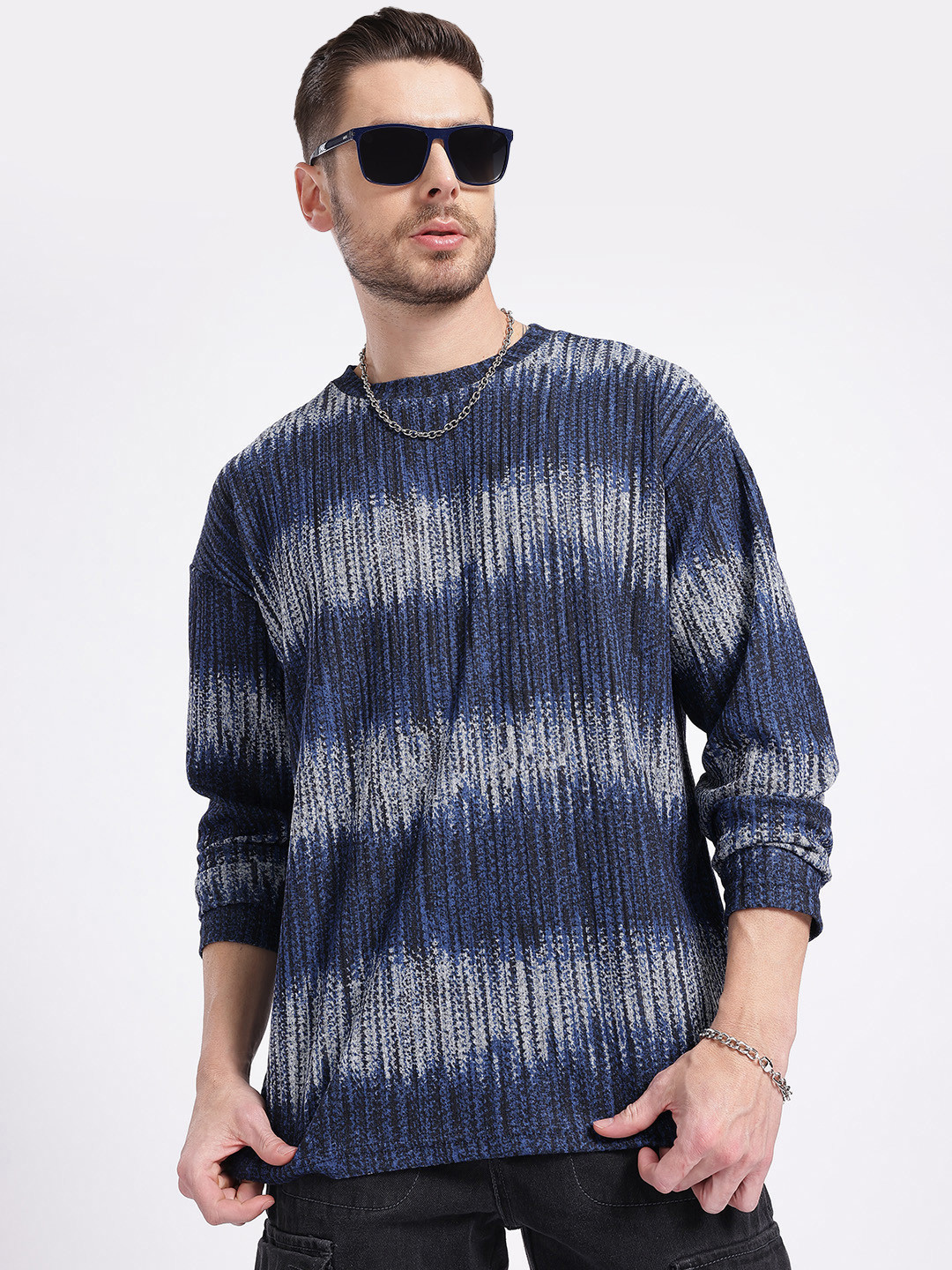 

glitchez Ribbed Flex Printed Oversized T-shirt, Navy blue